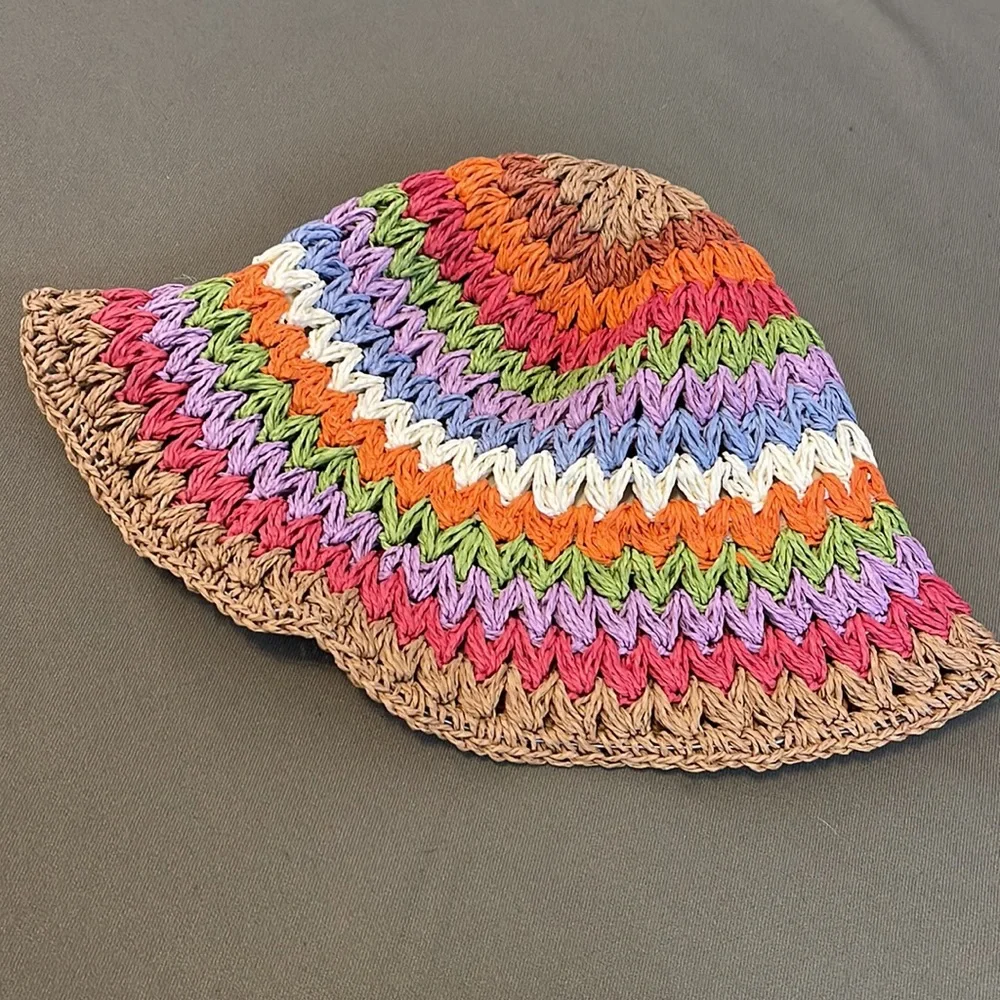 Hand-Crocheted Multicolor Raffia Bucket Hat - Picture 9 of 13